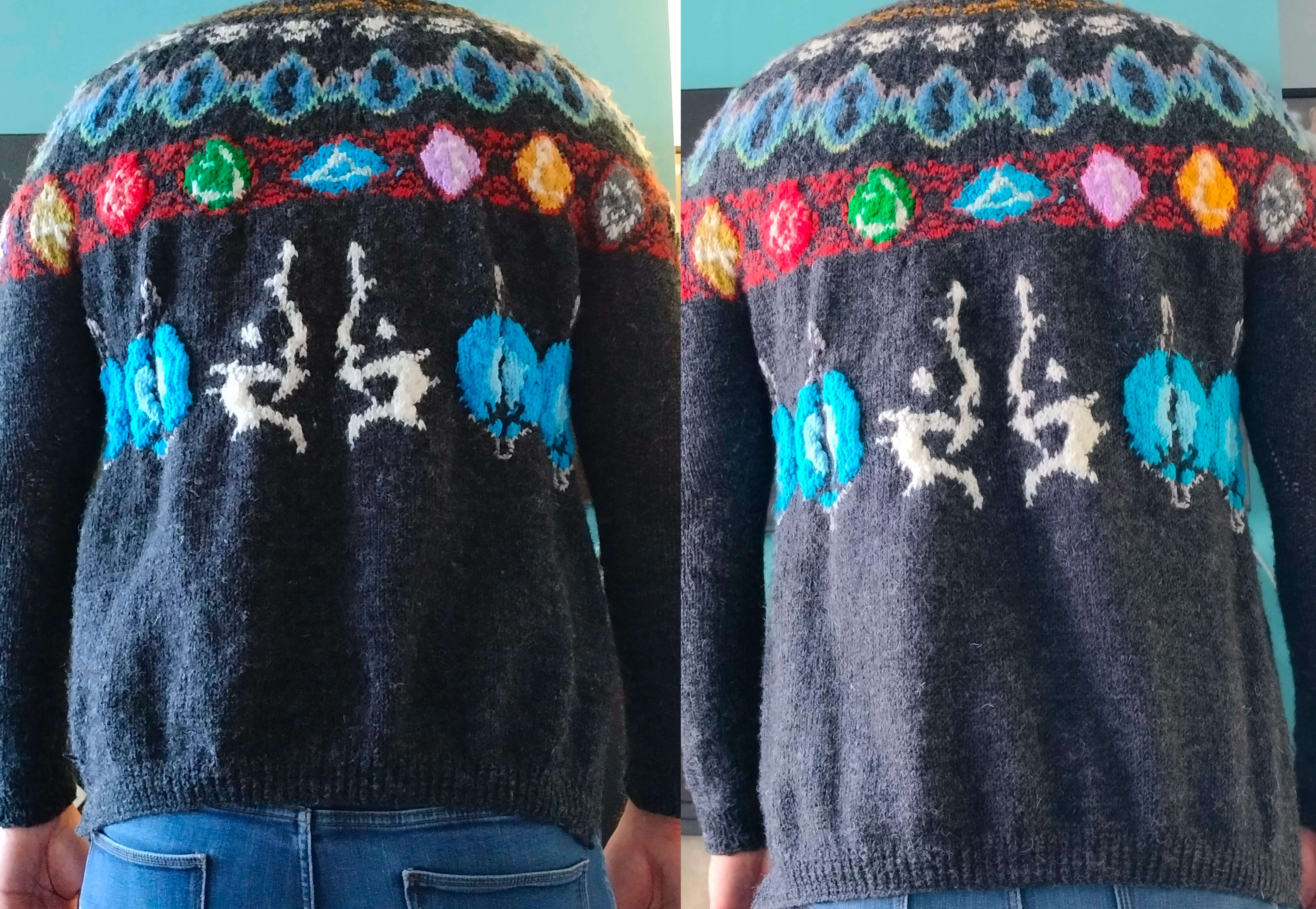 A comparison of the back of the completed jumper, before and after blocking