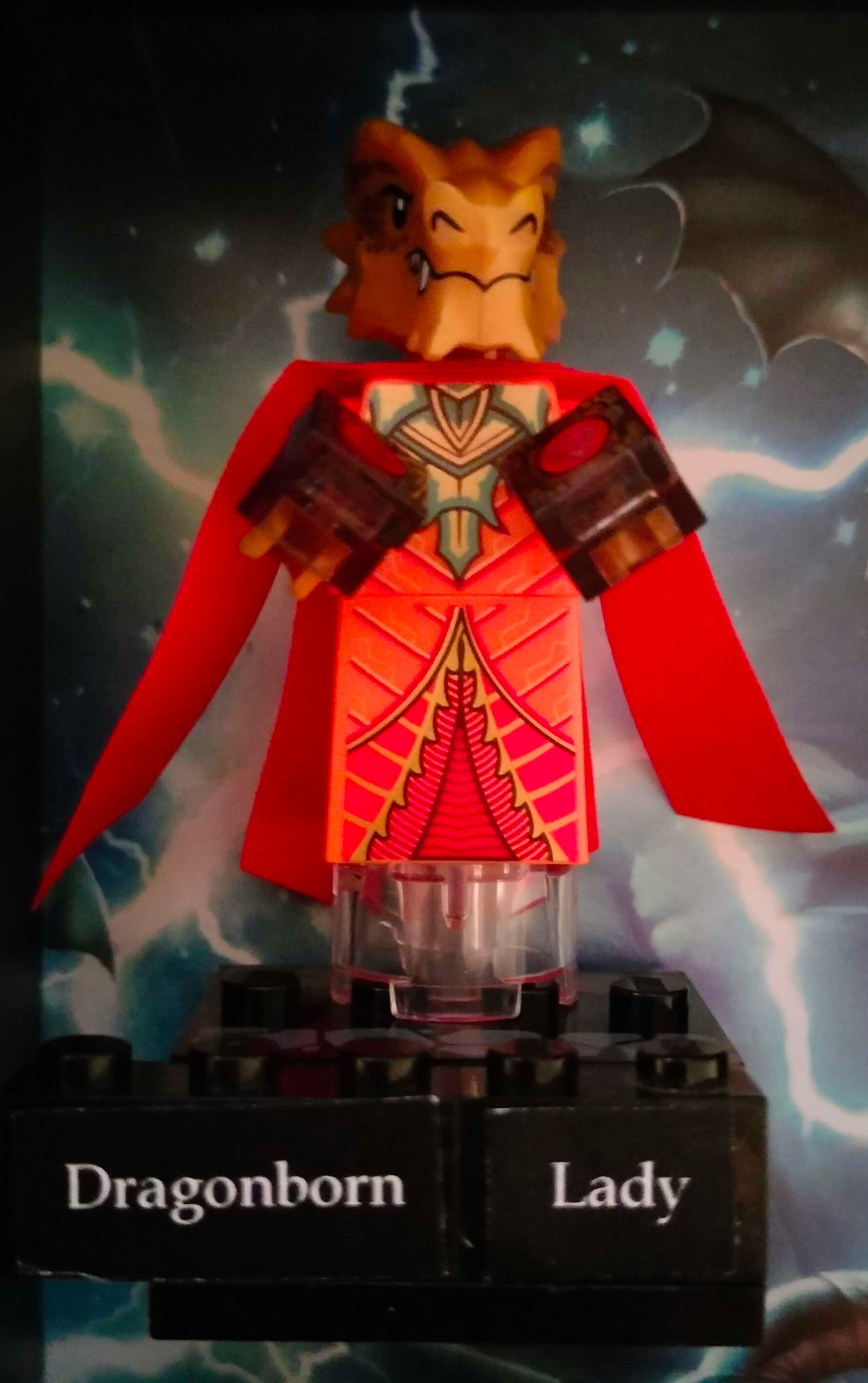 The Dragonborn head on top of the Lady of Pain's body, with the nameplate saying 'Dragonborn Lady'
