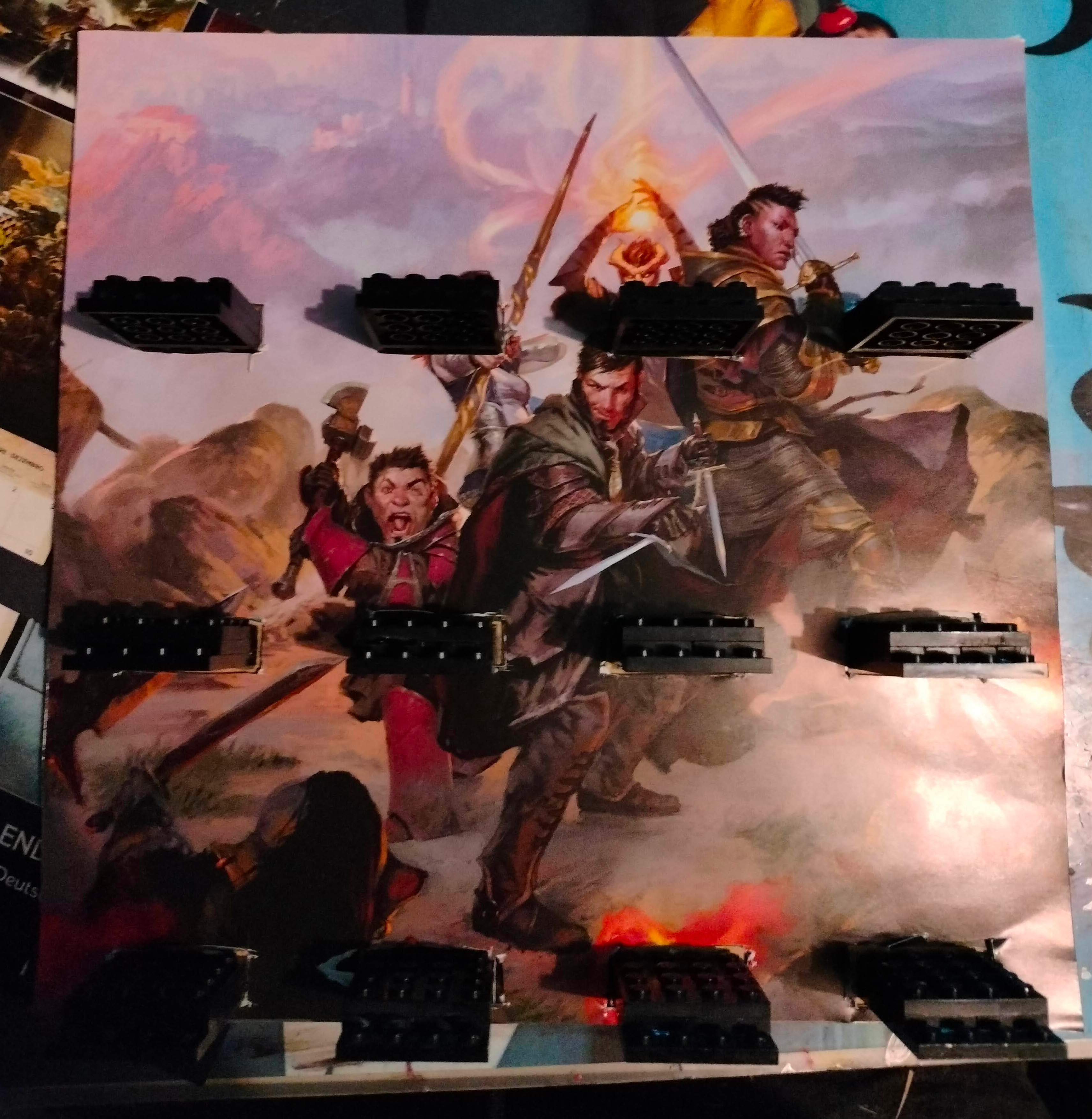 An example background of an adventuring party, with the stands poking through cut out holes