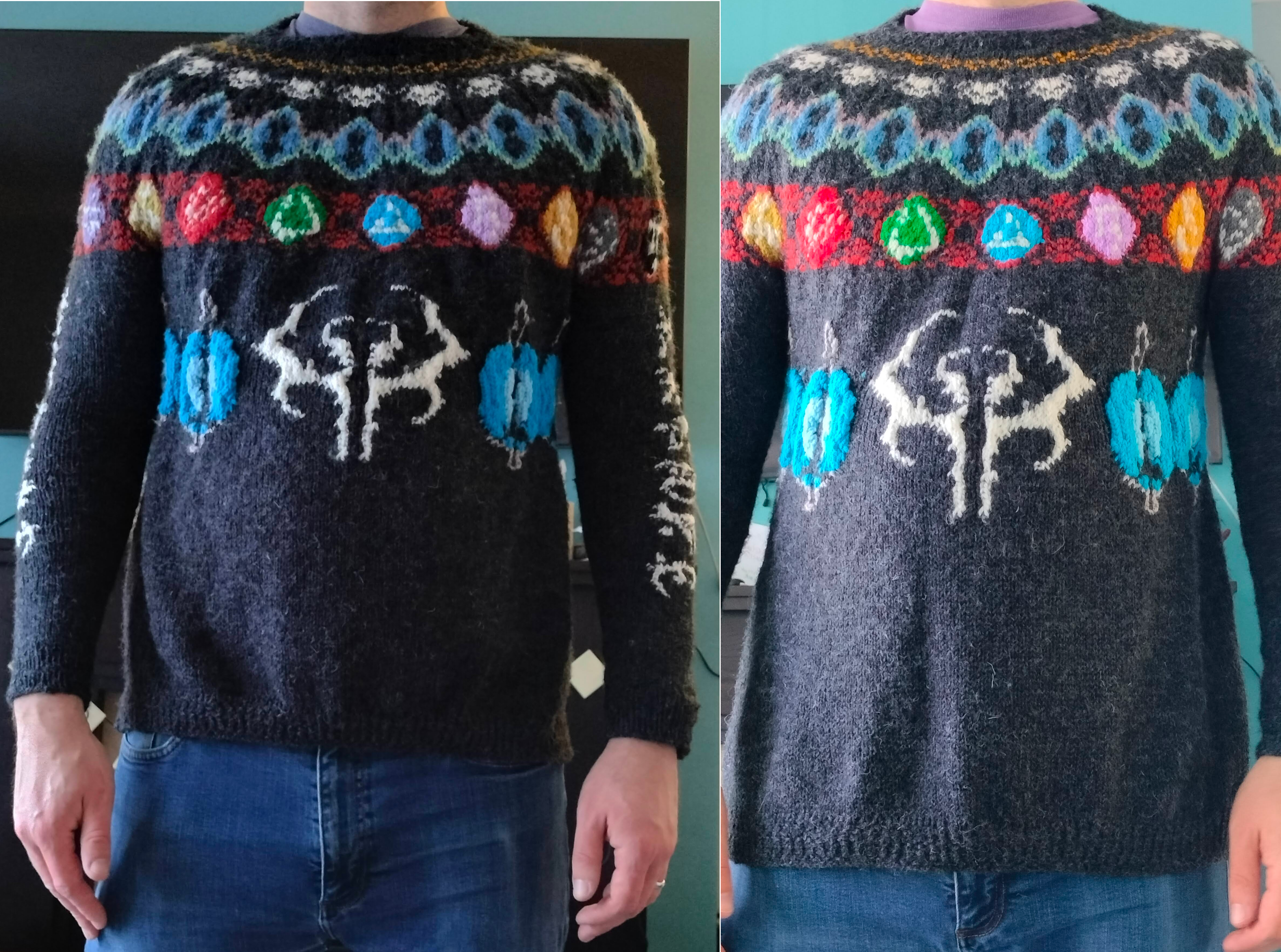 A comparison of the front of the completed jumper, before and after blocking
