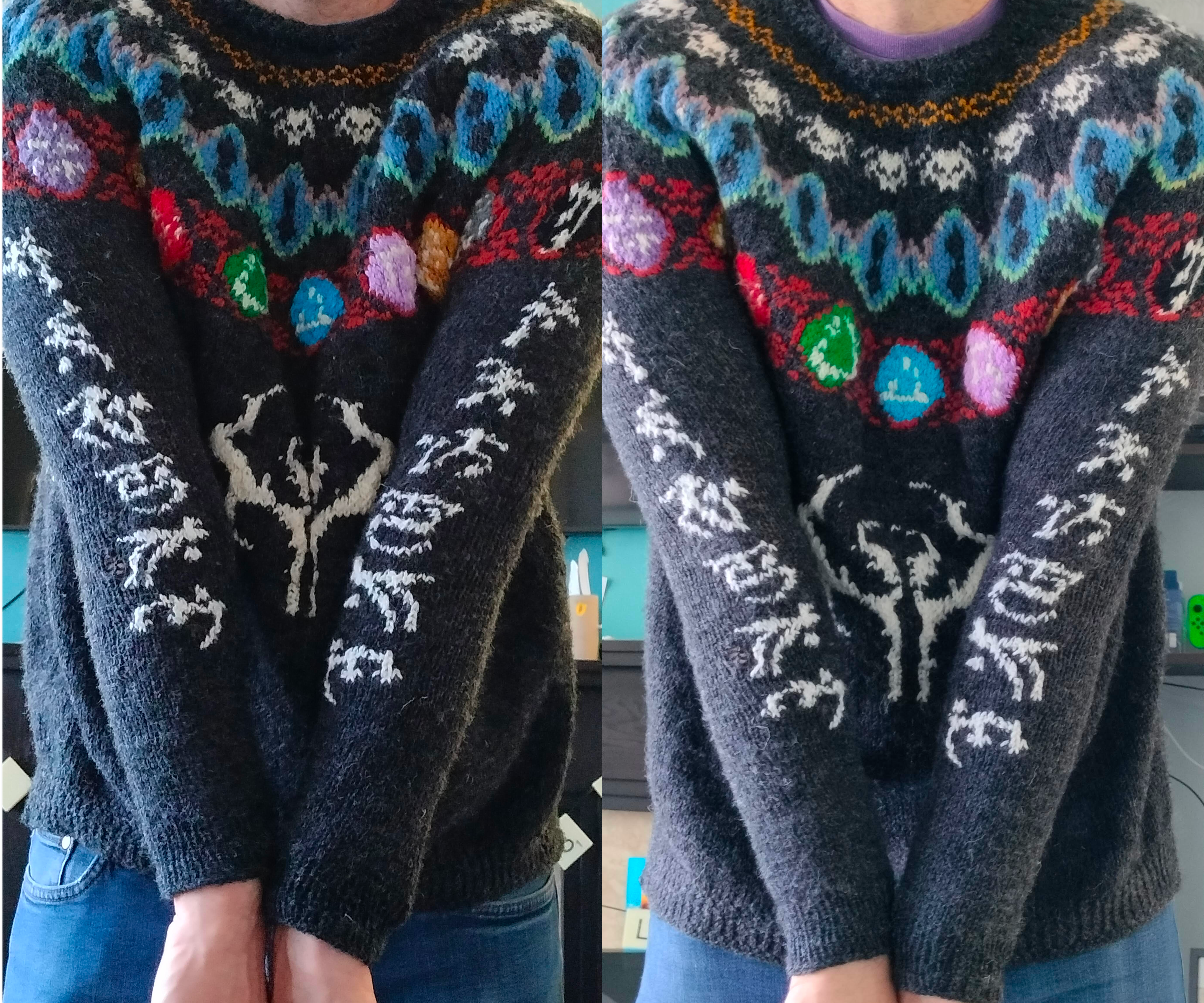 A comparison of the sleeves of the completed jumper, before and after blocking